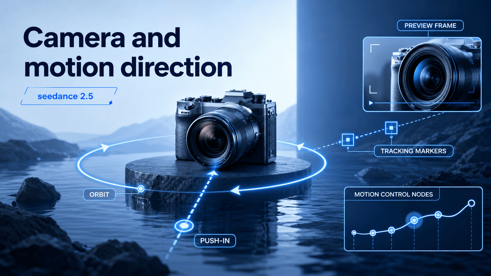 seedance 2.5 camera path overlay on a cinematic blue product scene
