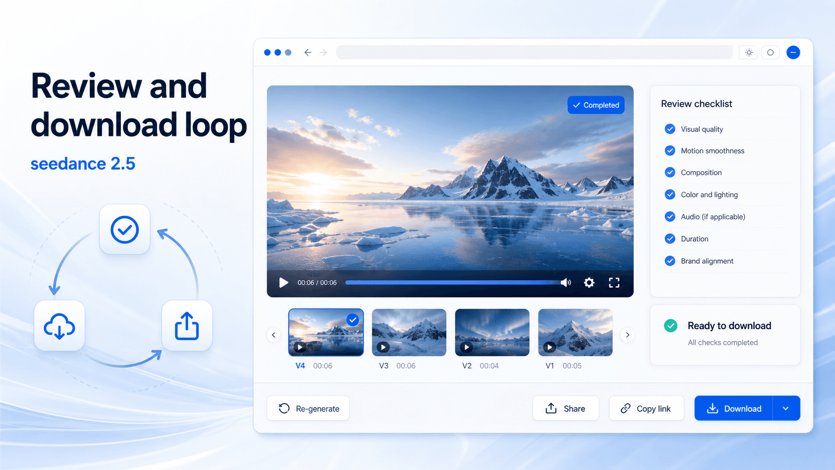 seedance 2.5 review screen with completed video history and download controls
